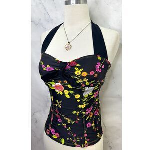 Vintage Swim Tankini Top XS Multi-color Flower Power Halter Ties Bow Y2k Retro